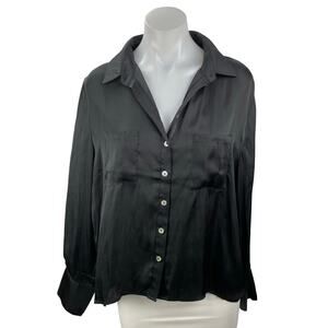 We're All Pretty Girls Black Silky Satin Long Sleeve Button Down Shirt Top Sz L
